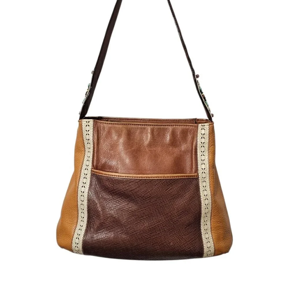 BRIGHTON SAHARA Two Tone Leather Hobo Turquoise Beaded Brown Shoulder Bag